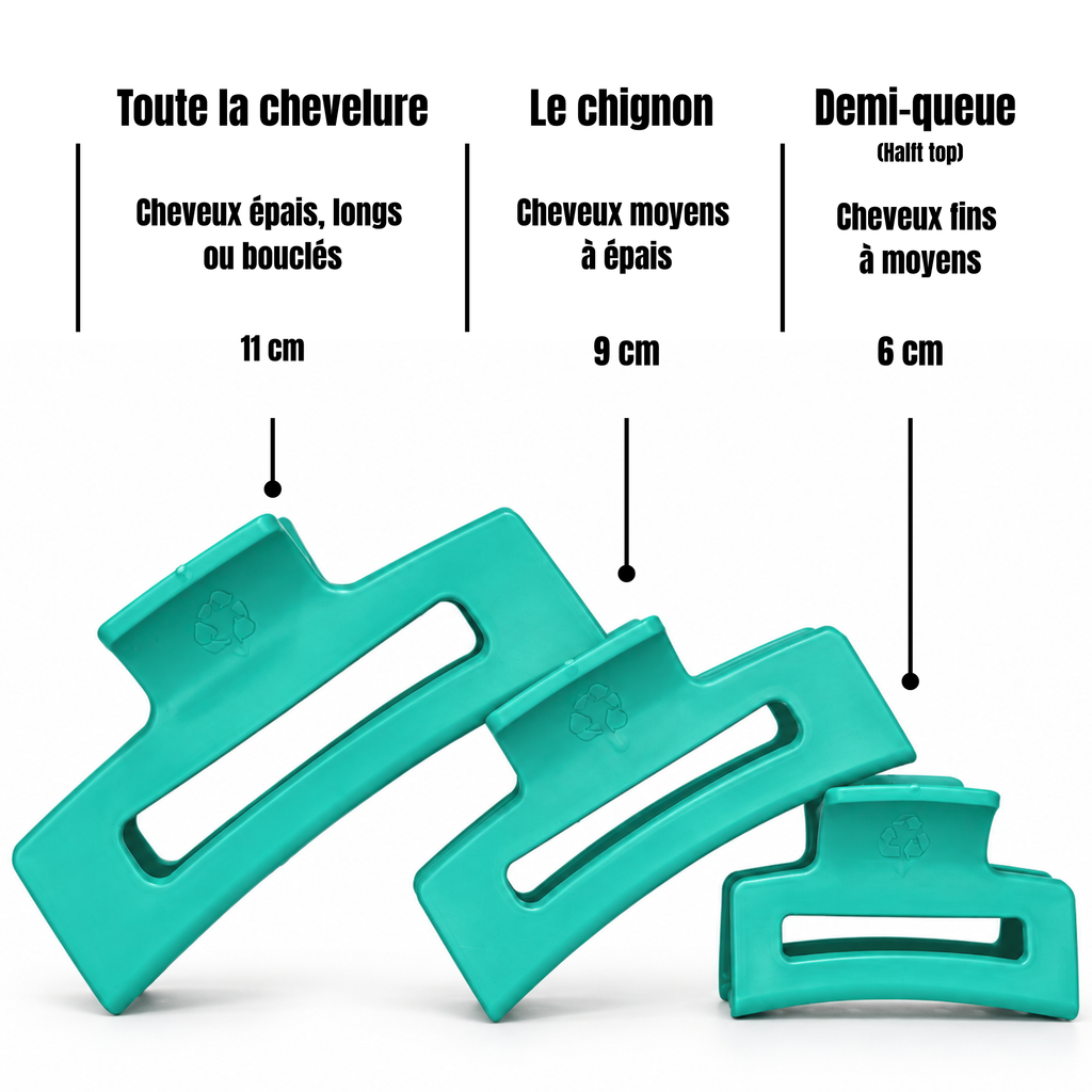 Comparatif des trois formats de pince à cheveux : 11 cm, 9 cm et 6 cm